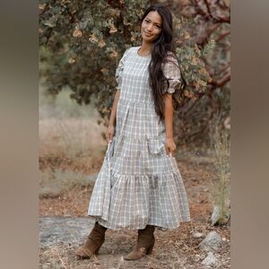 Rylee + Cru Plaid Maxi Dress in Cream and Brown